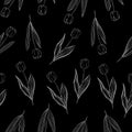 Seamless pattern flowers tulips white on black background vector illustration Royalty Free Stock Photo